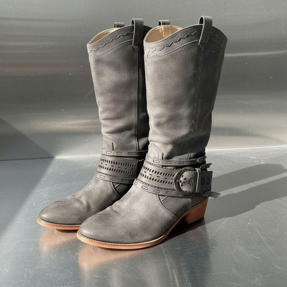 Black Slouchy Moto Boots Buckle Western Cowboy Indie Sleaze Boho Rock